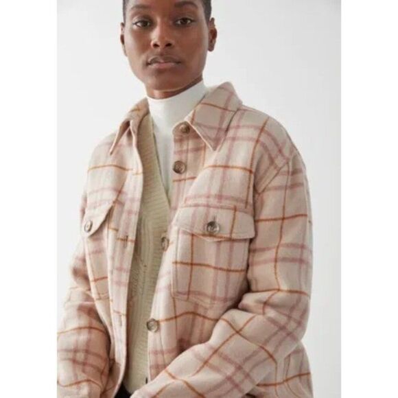 Anthropologie & Other Stories Oversized Shirt Jacket Plaid Cream Pink Size 4 - Picture 5 of 9